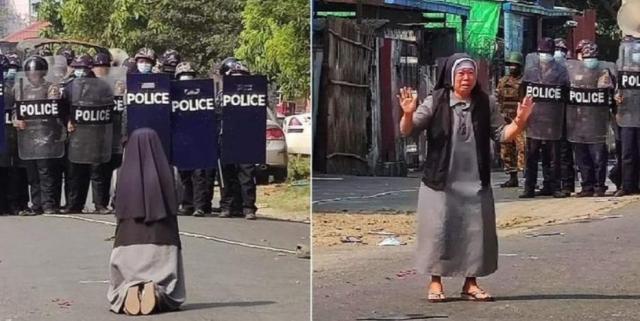 Birmania. Suor Ann Nu Thawng si inginocchia e chiede alla polizia di non sparare ai giovani