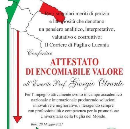 Il Corrierepl.it conferisce il riconoscimento di ‘Encomiabile valore’ all’emerito prof. Giorgio Otranto