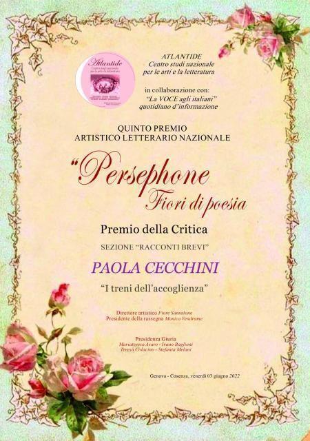 La giornalista Paola Cecchini premiata nel Concorso Letterario Nazionale ‘Persephone-Fiori di poesia’