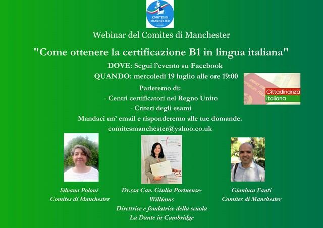 Certificazione B1 per la cittadinanza italiana: mercoledì il webinar del Comites di Manchester