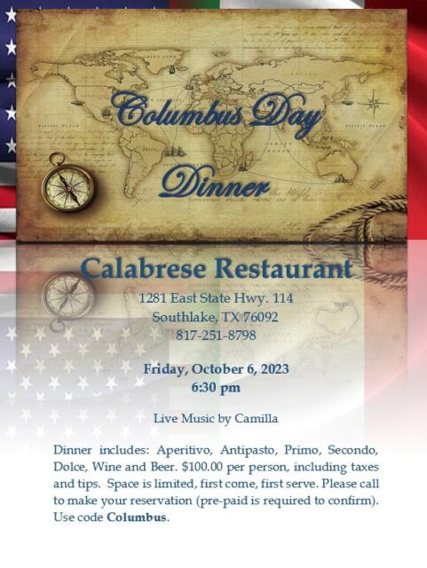 In Texas si aprono le celebrazioni dell’Italian Heritage Month con il Columbus Day Event (Dinner)