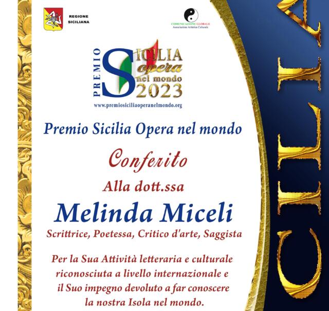 Melinda Miceli insignita del “Premio Sicilia Opera nel mondo”