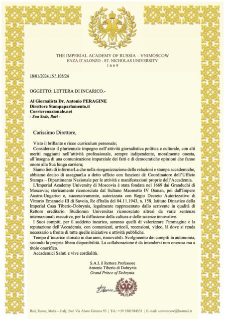 Incarico internazionale del The Imperial Academy of Russia, Vnimoscow Enza D’Alonso – St Nicolas University al Dott. Antonio Peragine